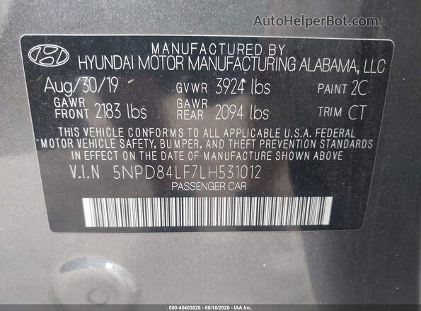 5NPD84LF7LH531012 2020 HYUNDAI ELANTRA Gray Vista del compartimento del motor