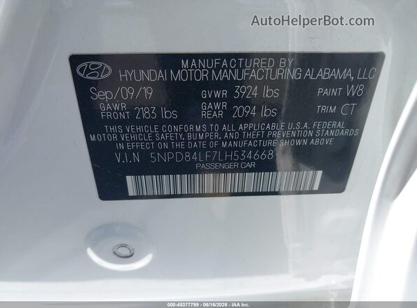 5NPD84LF7LH534668 2020 HYUNDAI ELANTRA White ძრავის განყოფილების ხედი