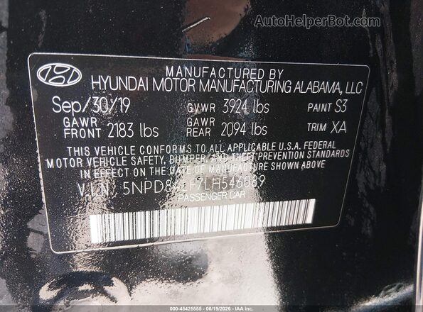 5NPD84LF7LH546089 2020 HYUNDAI ELANTRA Black Вид підкапотного простору