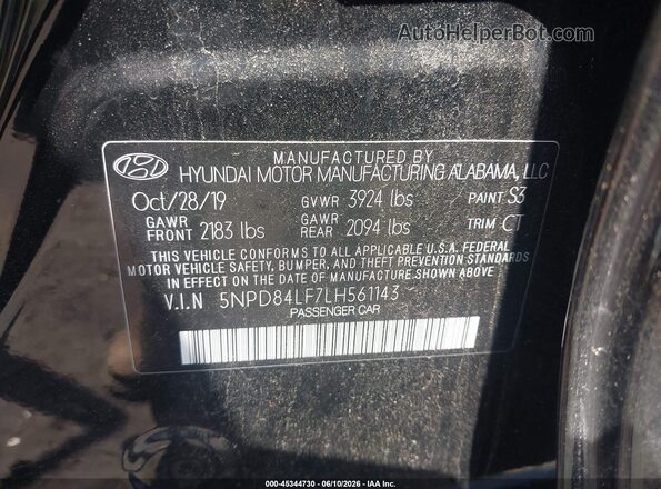 5NPD84LF7LH561143 2020 HYUNDAI ELANTRA Black ძრავის განყოფილების ხედი