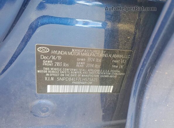 5NPD84LF7LH575625 2020 HYUNDAI ELANTRA Синий Вид подкапотного пространства