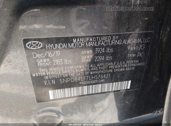 5NPD84LF7LH576421 2020 HYUNDAI ELANTRA Gray ძრავის განყოფილების ხედი