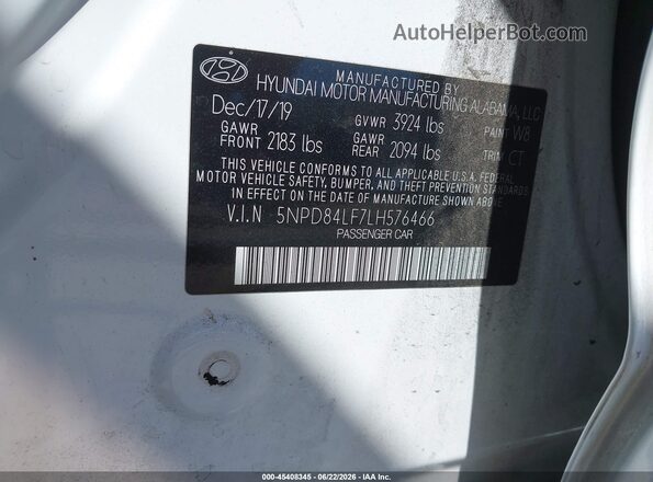 5NPD84LF7LH576466 2020 HYUNDAI ELANTRA White Vista del compartimento del motor