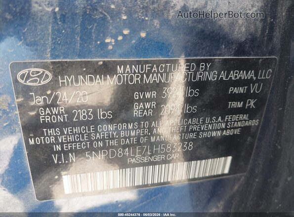 5NPD84LF7LH583238 2020 HYUNDAI ELANTRA Синий Вид подкапотного пространства