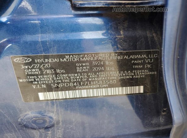 5NPD84LF7LH583580 2020 HYUNDAI ELANTRA Blue VIN sticker view