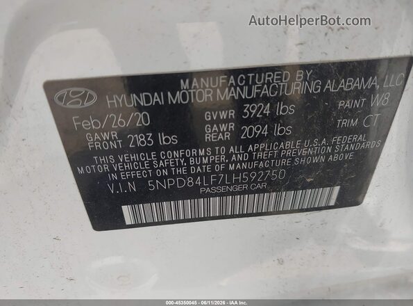 5NPD84LF7LH592750 2020 HYUNDAI ELANTRA White Вид підкапотного простору