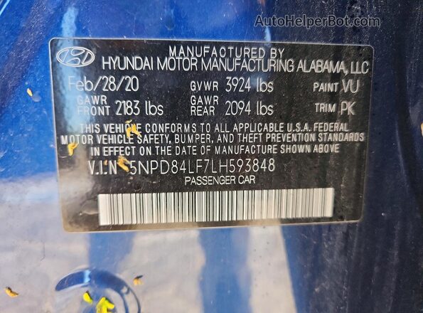 5NPD84LF7LH593848 2020 HYUNDAI ELANTRA Blue ძრავის განყოფილების ხედი