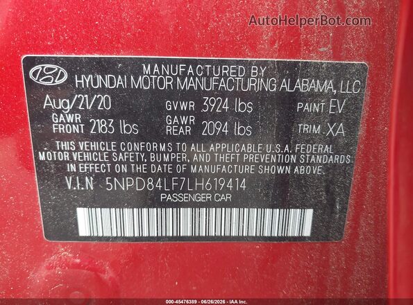 5NPD84LF7LH619414 2020 HYUNDAI ELANTRA Red Շարժիչի բաժամունքի տեսք