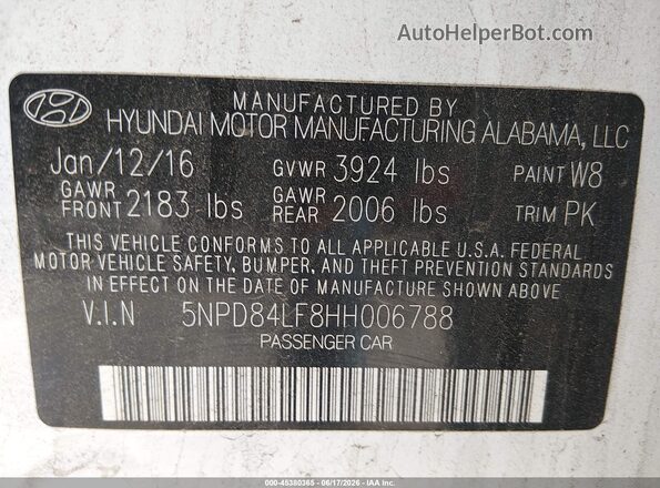 5NPD84LF8HH006788 2017 HYUNDAI ELANTRA White Engine compartment view
