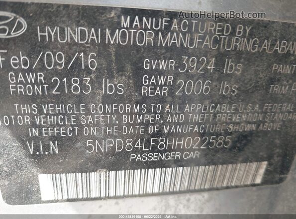 5NPD84LF8HH022585 2017 HYUNDAI ELANTRA Gray Вид підкапотного простору