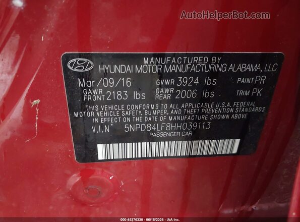 5NPD84LF8HH039113 2017 HYUNDAI ELANTRA Красный 