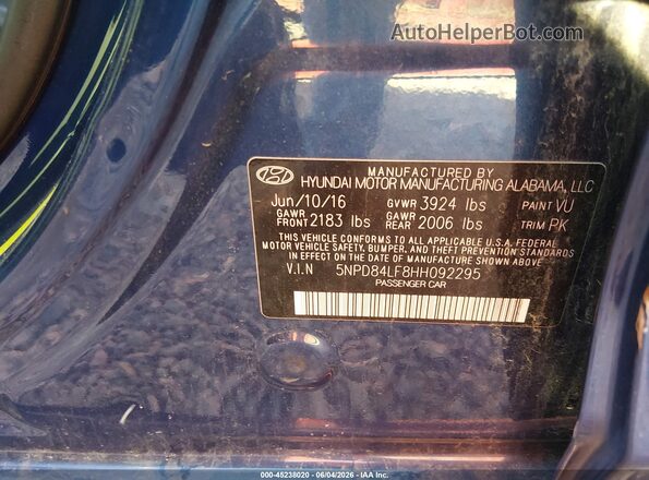 5NPD84LF8HH092295 2017 HYUNDAI ELANTRA Blue Vista del compartimento del motor