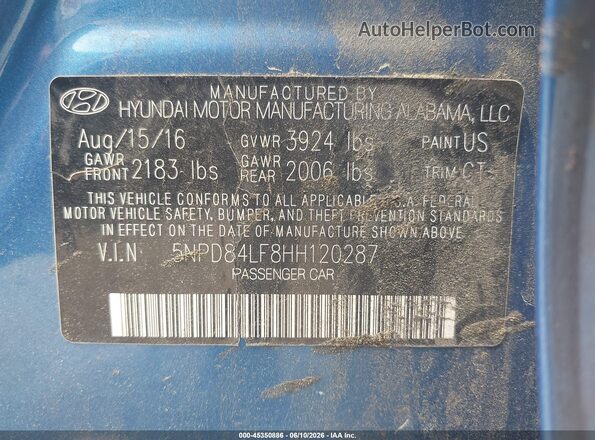 5NPD84LF8HH120287 2017 HYUNDAI ELANTRA Blue Вид підкапотного простору