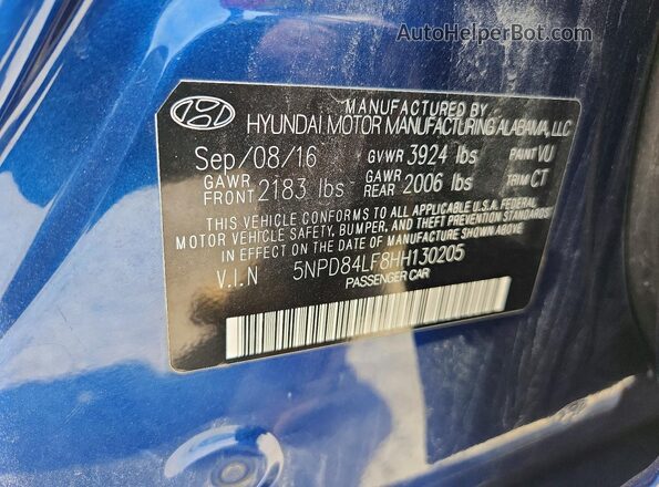 5NPD84LF8HH130205 2017 HYUNDAI ELANTRA Blue Vista del compartimento del motor