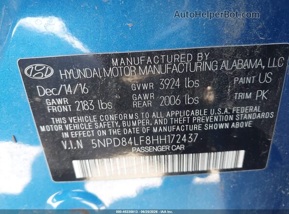 5NPD84LF8HH172437 2017 HYUNDAI ELANTRA Blue Շարժիչի բաժամունքի տեսք