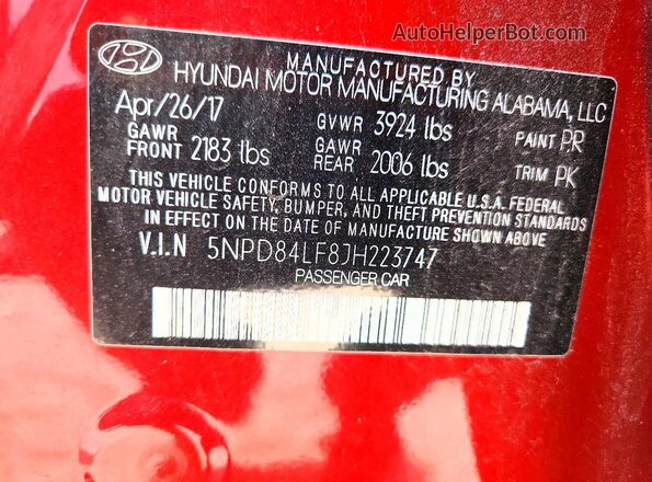 5NPD84LF8JH223747 2018 HYUNDAI ELANTRA Red Vista de la etiqueta del VIN