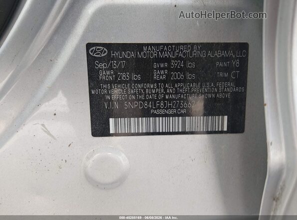 5NPD84LF8JH273662 2018 HYUNDAI ELANTRA Silver Շարժիչի բաժամունքի տեսք