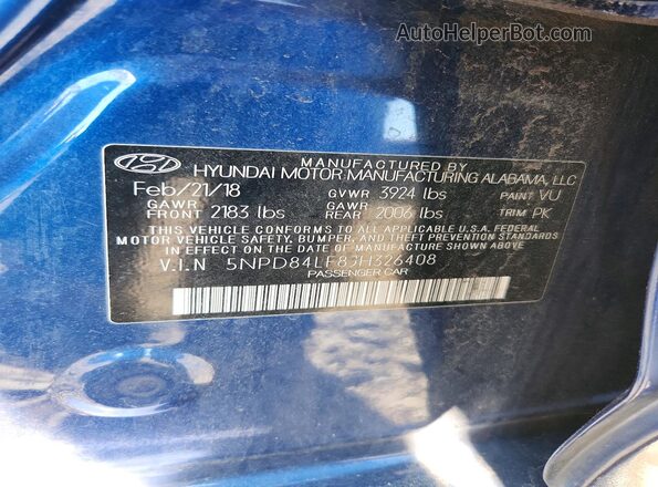 5NPD84LF8JH326408 2018 HYUNDAI ELANTRA Синий Вид подкапотного пространства