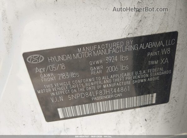 5NPD84LF8JH344861 2018 HYUNDAI ELANTRA White ძრავის განყოფილების ხედი