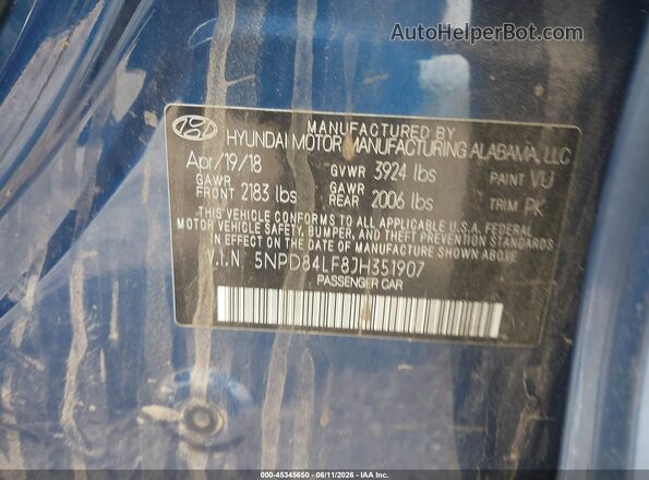 5NPD84LF8JH351907 2018 HYUNDAI ELANTRA Blue Вид підкапотного простору
