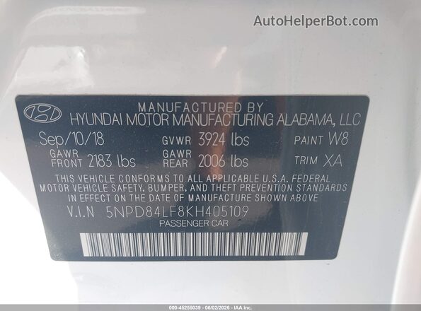 5NPD84LF8KH405109 2019 HYUNDAI ELANTRA White Engine compartment view