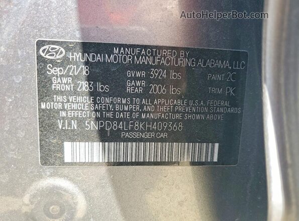 5NPD84LF8KH409368 2019 HYUNDAI ELANTRA Gray ძრავის განყოფილების ხედი