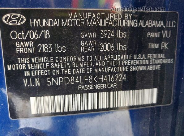 5NPD84LF8KH416224 2019 HYUNDAI ELANTRA Blue 