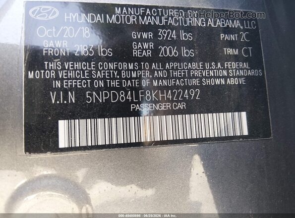 5NPD84LF8KH422492 2019 HYUNDAI ELANTRA Серый Вид подкапотного пространства