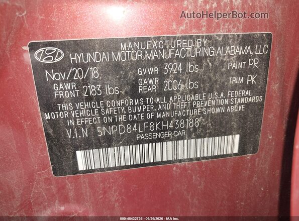 5NPD84LF8KH438188 2019 HYUNDAI ELANTRA Red Вид підкапотного простору