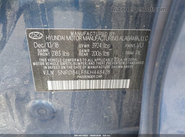 5NPD84LF8KH448428 2019 HYUNDAI ELANTRA Blue Engine compartment view