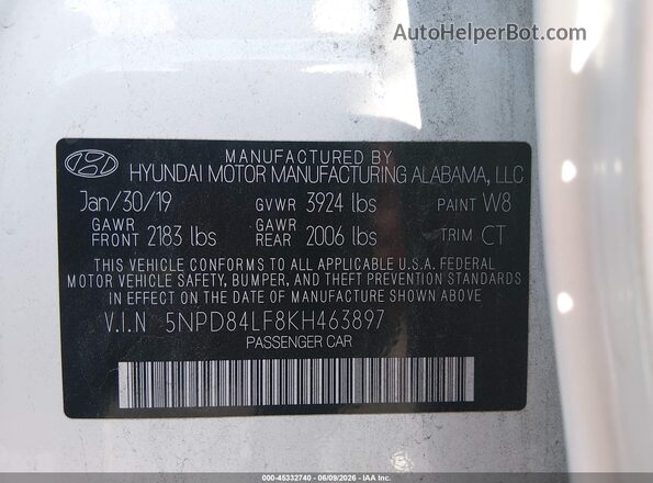 5NPD84LF8KH463897 2019 HYUNDAI ELANTRA White Vista del compartimento del motor