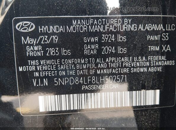 5NPD84LF8LH502571 2020 HYUNDAI ELANTRA Black Widok komory silnika