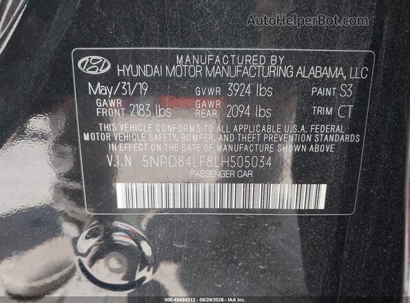 5NPD84LF8LH505034 2020 HYUNDAI ELANTRA Black Vista del compartimento del motor