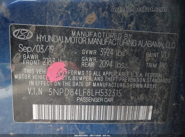5NPD84LF8LH532315 2020 HYUNDAI ELANTRA Blue ძრავის განყოფილების ხედი