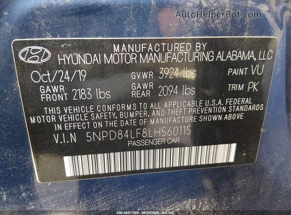 5NPD84LF8LH560115 2020 HYUNDAI ELANTRA Blue ძრავის განყოფილების ხედი