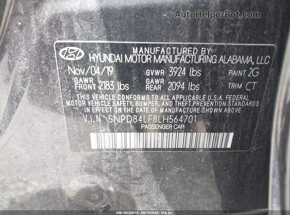 5NPD84LF8LH564701 2020 HYUNDAI ELANTRA Gray Vista del compartimento del motor