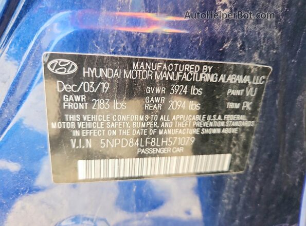 5NPD84LF8LH571079 2020 HYUNDAI ELANTRA Blue ძრავის განყოფილების ხედი