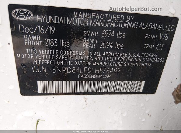 5NPD84LF8LH576492 2020 HYUNDAI ELANTRA White Շարժիչի բաժամունքի տեսք