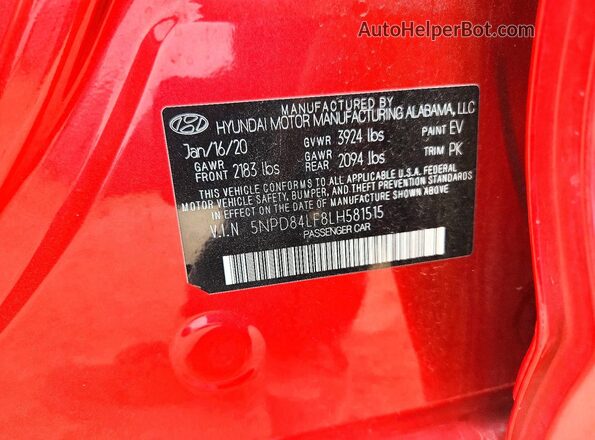 5NPD84LF8LH581515 2020 HYUNDAI ELANTRA Красный Вид подкапотного пространства