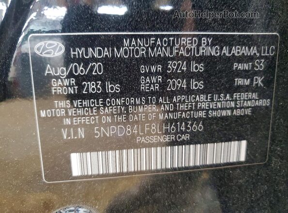 5NPD84LF8LH614366 2020 HYUNDAI ELANTRA Black ძრავის განყოფილების ხედი
