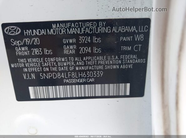5NPD84LF8LH630339 2020 HYUNDAI ELANTRA White Вид підкапотного простору