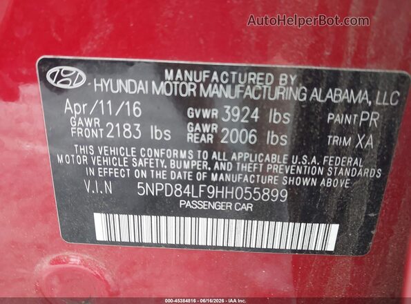 5NPD84LF9HH055899 2017 HYUNDAI ELANTRA Red Engine compartment view