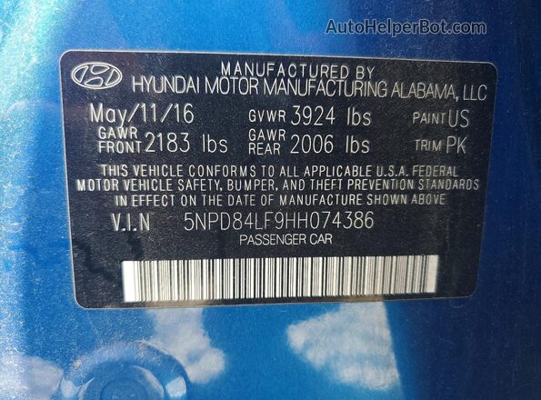 5NPD84LF9HH074386 2017 HYUNDAI ELANTRA Blue VIN კოდის სტიკერის ხედი