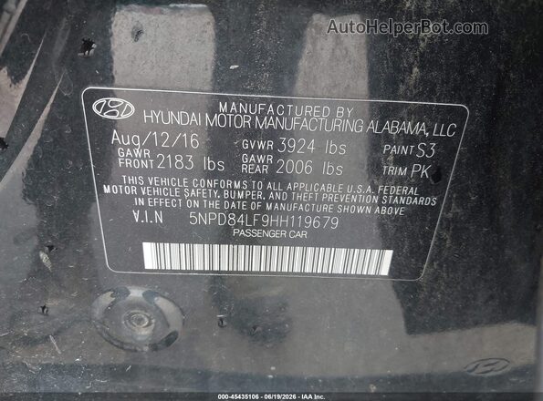 5NPD84LF9HH119679 2017 HYUNDAI ELANTRA Black ძრავის განყოფილების ხედი