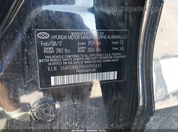 5NPD84LF9HH190445 2017 HYUNDAI ELANTRA Black ძრავის განყოფილების ხედი