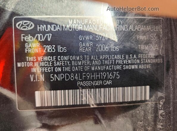 5NPD84LF9HH191675 2017 HYUNDAI ELANTRA Black Widok naklejki z numerem VIN