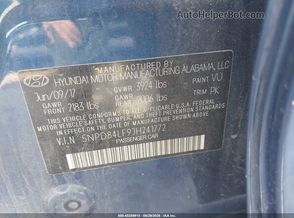 5NPD84LF9JH241772 2018 HYUNDAI ELANTRA Blue Вид підкапотного простору