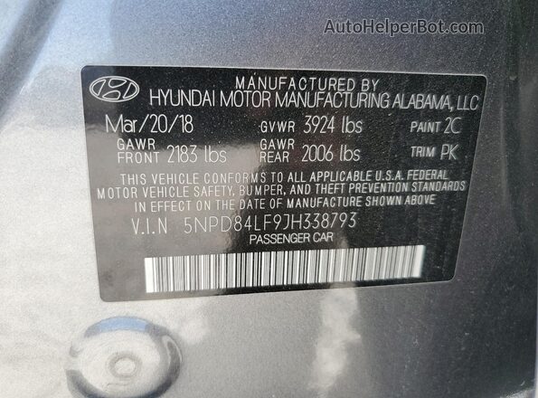 5NPD84LF9JH338793 2018 HYUNDAI ELANTRA Серый Вид подкапотного пространства