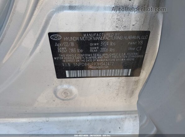 5NPD84LF9JH342472 2018 HYUNDAI ELANTRA Серебряный Вид подкапотного пространства