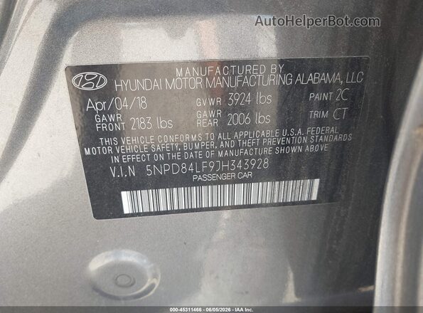 5NPD84LF9JH343928 2018 HYUNDAI ELANTRA Gray Vista del compartimento del motor